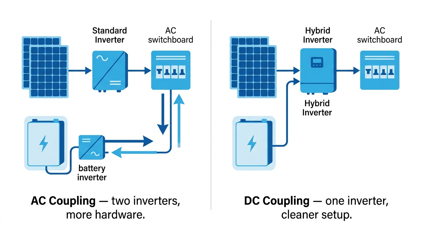 Diagram comparing AC coupling and DC coupling for connecting a home battery to a solar inverter