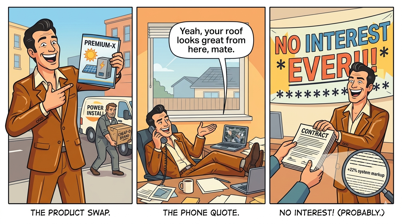 Comic illustration of a pushy solar salesperson making an over-eager pitch